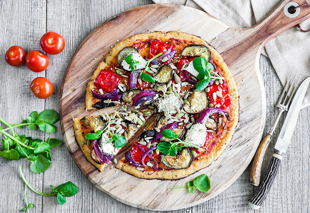 Cauliflower Crust Pizza with Roast Vegetables & Garlic Seed Toppers
